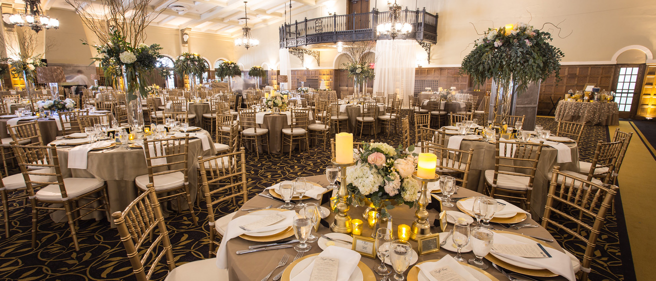 The IMU Ballroom containing tables decorated with plants and flowers