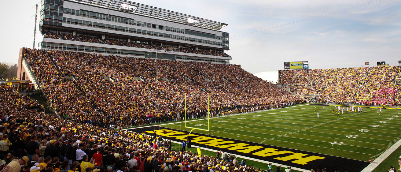 A view from the bleachers of the football field at Kinnick Stadium